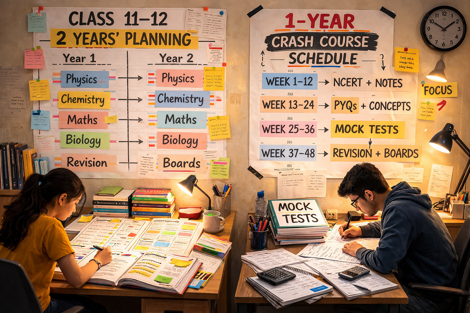 Student comparing 2-year vs 1-year coaching strategy for NEET 2026 preparation with study planners and mock tests.