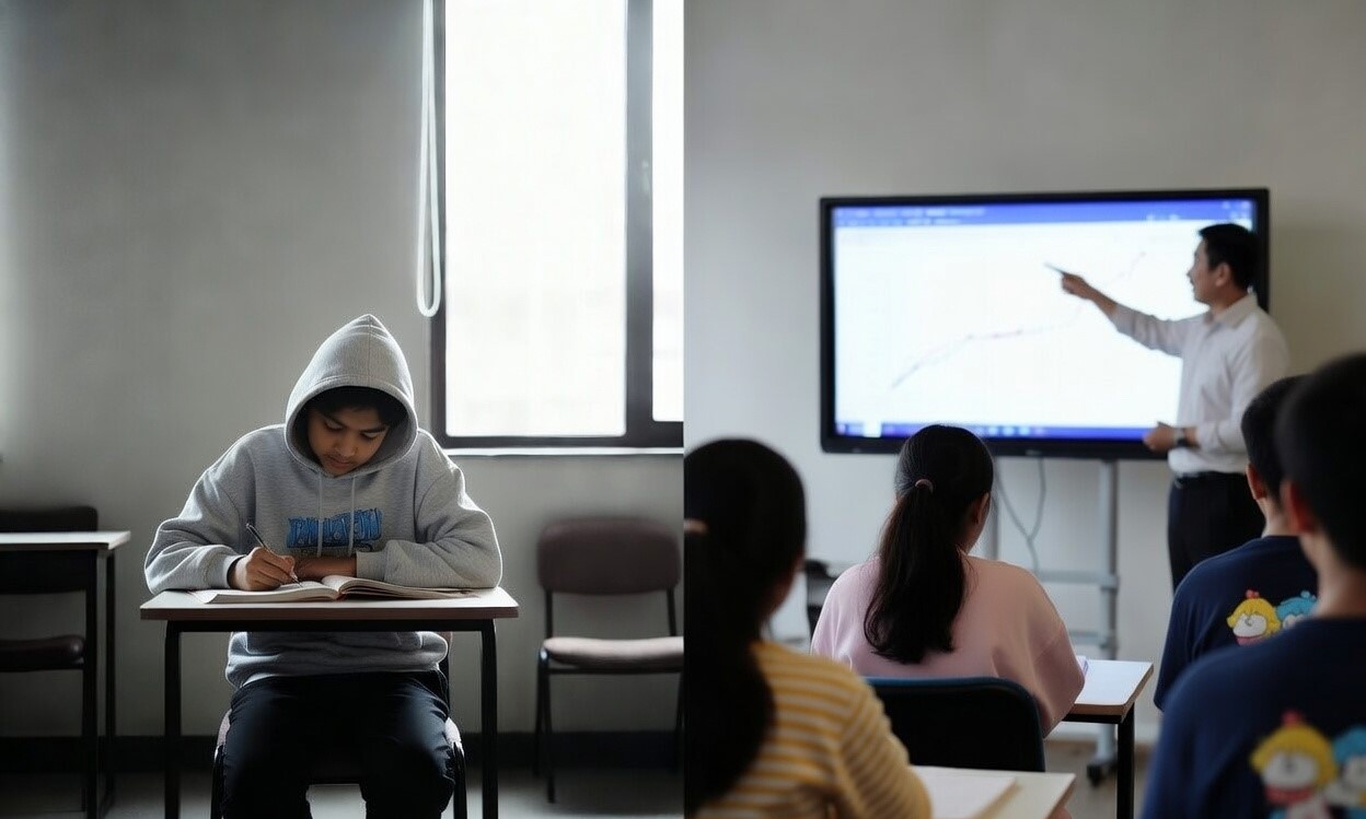 Comparison of coaching vs self-study for NEET JEE aspirants showing classroom learning and independent study