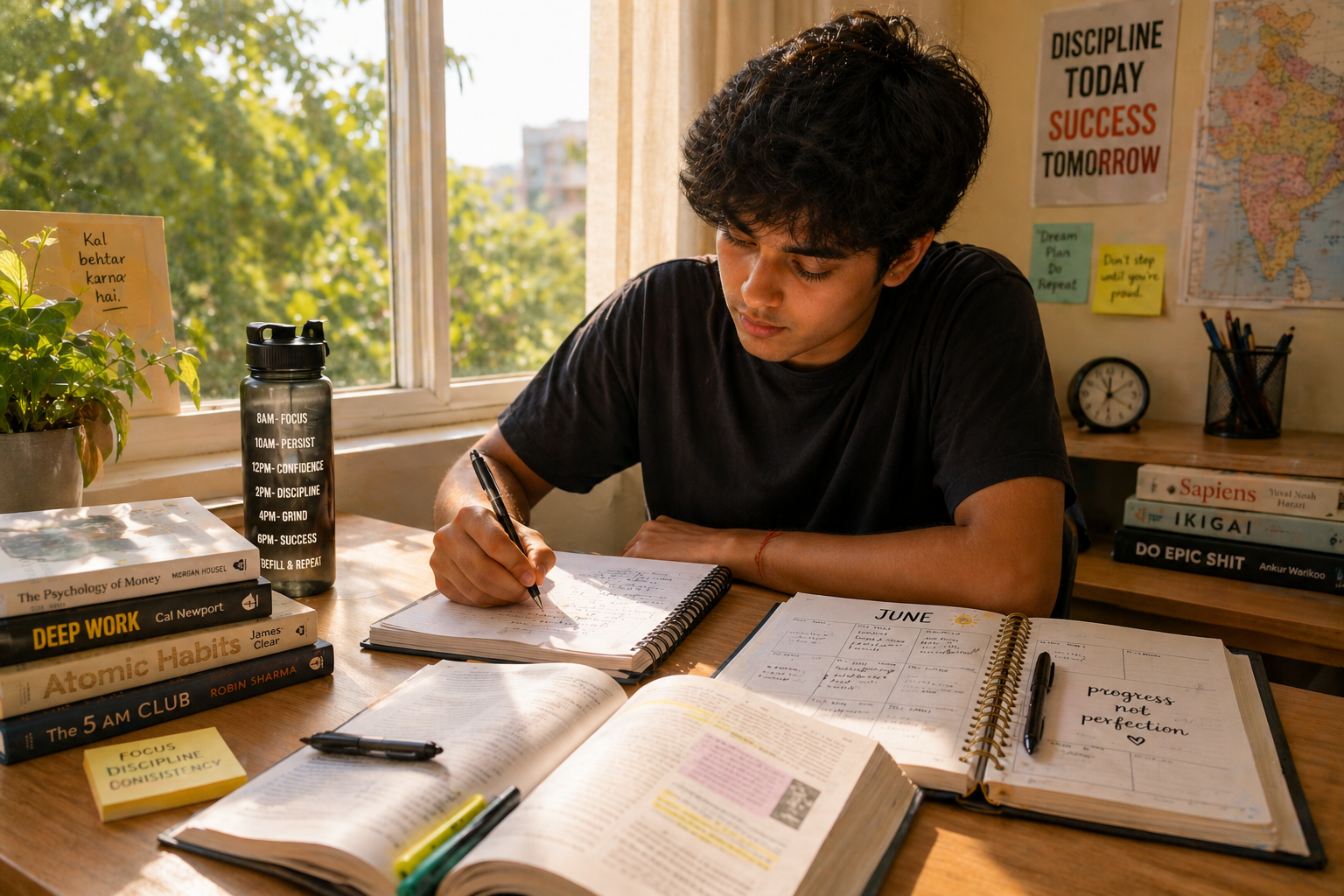 Student following summer study tips to maintain consistency during break with books and planner in sunlight