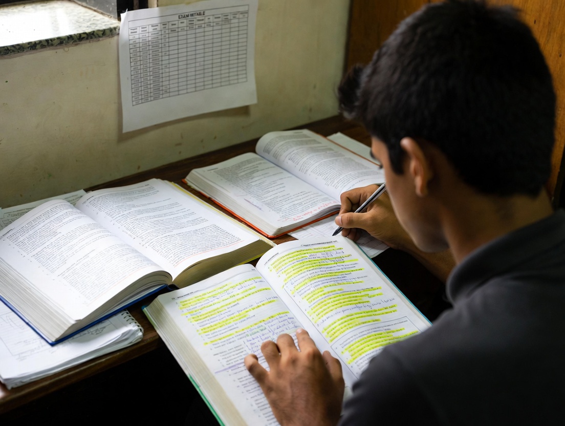Class 12 student revising key formulas and short notes at a study desk with highlighted textbooks and a visible exam timetable on the wall.