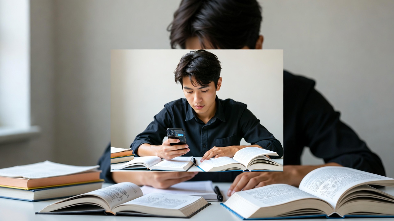 Student distracted by phone showing how social media addiction impacts academic performance and focus.